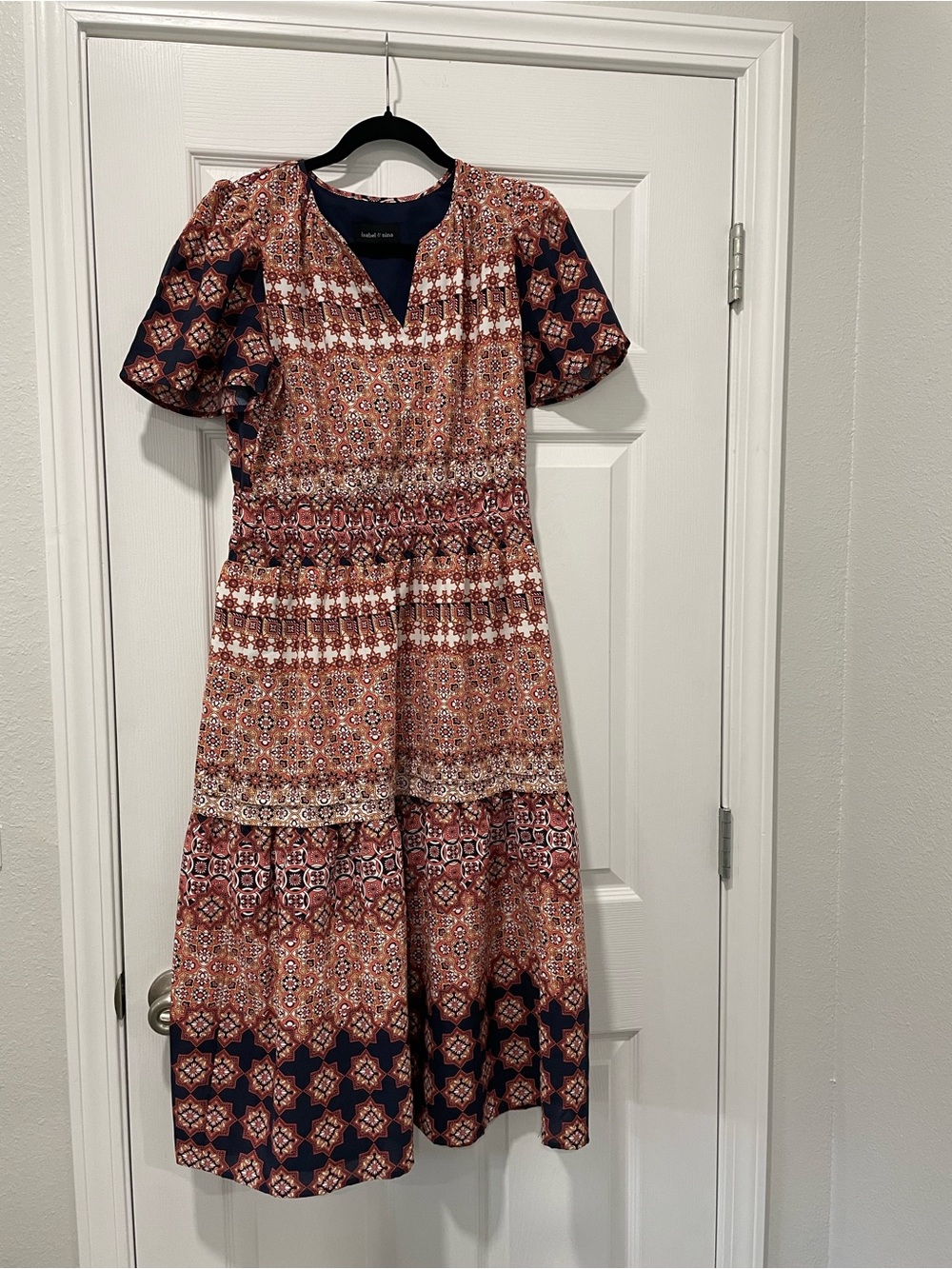 Bohemian Tiered Maxi Dress in Rust and Navy